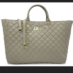 Guilda Paris Large Tan and Gold Quilted Tote Bag with Chain Strap